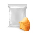 Vector Vertical Sealed Foil Plastic Bag for Package Design with Stack of Potato Crispy Chips on White Background