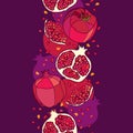 Vector vertical seamless pattern with outline red Pomegranate half and whole fruit and seed on the purple background.