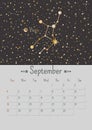Vector vertical September 2022 calendar with golden zodiac constellation and stars. A3, A2 poster with  horoscope virgo sign Royalty Free Stock Photo