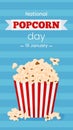 Vector vertical template banner National Popcorn day 19 January. Greeting card illustration with popcorn bucket on blue