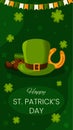 Vector vertical template greeting card for Saint Patrick's Day on 17 March. Hat, horseshoe, shoes and clovers on