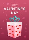 Vector vertical template greeting card for valentines day. Gift box on pink background illustration. Flyer for celebrate