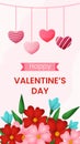 Vector vertical template greeting card for Valentines day. Hearts and valentine bouquet on pink background illustration