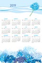 Vector vertical wall calendar of 2019 year with bouquet of outline Forget me not or Myosotis flower bunch and bud in pastel blue. Royalty Free Stock Photo