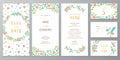 Vector vertical wedding invitation cards set with rose and blue flowers and green leaves on white background. Simple botanical Royalty Free Stock Photo