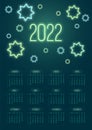Vector vertical year 2022 calendar with green neon stars on a dark background. A3, A2 poster with luminous geometric shapes