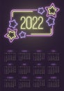 Vector vertical year 2022 calendar with purple and yellow outline neon stars on a dark background. A3, A2 poster
