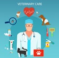 Vector of a pet doctor taking care of domestic animals