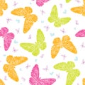 Vector vibrant colourful artistic floral textured butterflies on white pretty seamless pattern background.