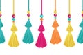 Vector Vibrant Decorative Tassels, Beads, And Ropes Horizontal Seamless Repeat Border Pattern. Great for handmade cards