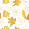 Vector vibrant golden Lilium flowers seamless repeat pattern