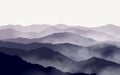 Vector vibrant purple landscape with silhouettes of misty mountains and hills Royalty Free Stock Photo