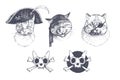 Vector vintage animal set with pirate accessories. Hand-drawn illustration with funny filibusters. Sea cats corsairs and Jolly