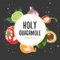 Vector vintage background with engraved hand drawn sketches of guacamole ingredients. Organic craft vegetables and spices