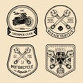 Vector vintage biker club signs. Motorcycle repair logos set. Hand sketched garage labels. Custom chopper store emblems. Royalty Free Stock Photo