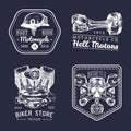 Vector vintage biker club signs. Motorcycle repair logos set. Hand sketched garage labels. Custom chopper store emblems.