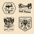 Vector vintage biker club signs. Motorcycle repair logos set. Hand sketched garage labels. Custom chopper store emblems. Royalty Free Stock Photo