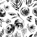 Vector vintage black and white floral seamless pattern flowers Royalty Free Stock Photo