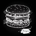 Vector vintage burger chalkboard drawing. Hand drawn monochrome