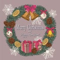 Vector vintage Christmas card with wreath of fir tree, fir cones, bells, dried oranges Royalty Free Stock Photo