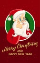 Vector vintage Christmas greeting card with cartoon Santa Claus holding a present behind a signboard. Retro illustration Royalty Free Stock Photo