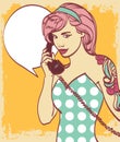 Vector vintage colorful art of very beautiful subculture punk, hipster woman with phone, pin up, pop art illustration in Royalty Free Stock Photo