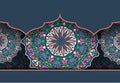 Vector vintage decor, ornate seamless borders and round mandala. Vignettes with arches, rosettes, floral elements. Eastern style