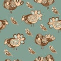 Vector vintage decorative birds seamless pattern with feathers. Hand drawn stylish doodle  birds seamless Royalty Free Stock Photo