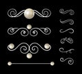 Vector vintage decorative elements set, white pearly beads and swirly lines, decorations, filigree ornaments, realistic 3D pearls.