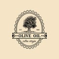 Vector vintage extra virgin olive oil logo. Retro emblem with tree. Hand sketched rural farm production sign.