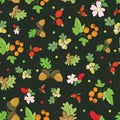 Vector Vintage Fall Berries Nuts on Dark Green