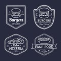 Vector vintage fast food logos set. Retro eating signs collection. Bistro, snack bar, street restaurant icons. Royalty Free Stock Photo