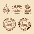 Vector vintage fast food logos set. Retro eating signs collection. Bistro, snack bar, street restaurant icons. Royalty Free Stock Photo