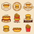 Vector vintage fast food logos set. Retro eating signs collection. Bistro, snack bar, street restaurant icons. Royalty Free Stock Photo