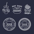 Vector vintage fast food logos set. Retro eating signs collection. Bistro, snack bar, street restaurant icons. Royalty Free Stock Photo