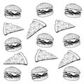 Vector vintage fast food seamless pattern. Hand drawn monochrome junk food illustration with pizza, burger. Great for menu, poster Royalty Free Stock Photo