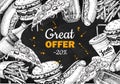 Vector vintage fast food special offer. Hand drawn junk food fra Royalty Free Stock Photo