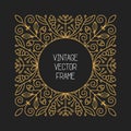 Vector vintage floral frame on black background in mono thin line style Royalty Free Stock Photo