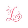 Vector Vintage floral monogram letter L. Calligraphy element heart logo Valentine card flourish frame. Hand drawn Love