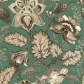 Vector vintage floral pattern, Provence style. Big stylized flowers on a green background. Design for web, textile