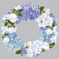 Vector vintage floral wreath with white roses,violets, forget-me-nots, hydrangea flowers.