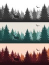 Vector vintage forest landscape with silhouettes of trees and wi