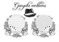 Vector vintage gangster emblems with gun revolvers, poker cards and roses in gray colors isolated on white