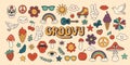 Vector Vintage Groovy Icons and Design Elements for Poster, Sticker Design. Retro Symbol in Hippie 70s Style