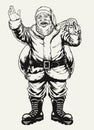 Vintage Hand Drawn Santa Claus Illustration Carry Big Sack of Present Royalty Free Stock Photo