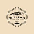 Vector vintage hipster italian food logo. Modern pasta and pizza sign. Hand drawn illustration of pizzeria icon.