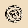 Vector vintage hipster italian food logo. Modern pizza sign. Hand drawn mediterranean cuisine illustration.