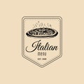 Vector vintage hipster italian food logo. Modern pizza sign. Hand drawn mediterranean cuisine illustration.