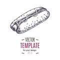 Vector vintage hot dog drawing. Hand drawn monochrome fast food illustration. Royalty Free Stock Photo