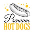 Vector vintage hot dog label. Hand drawn monochrome fast food illustration Royalty Free Stock Photo